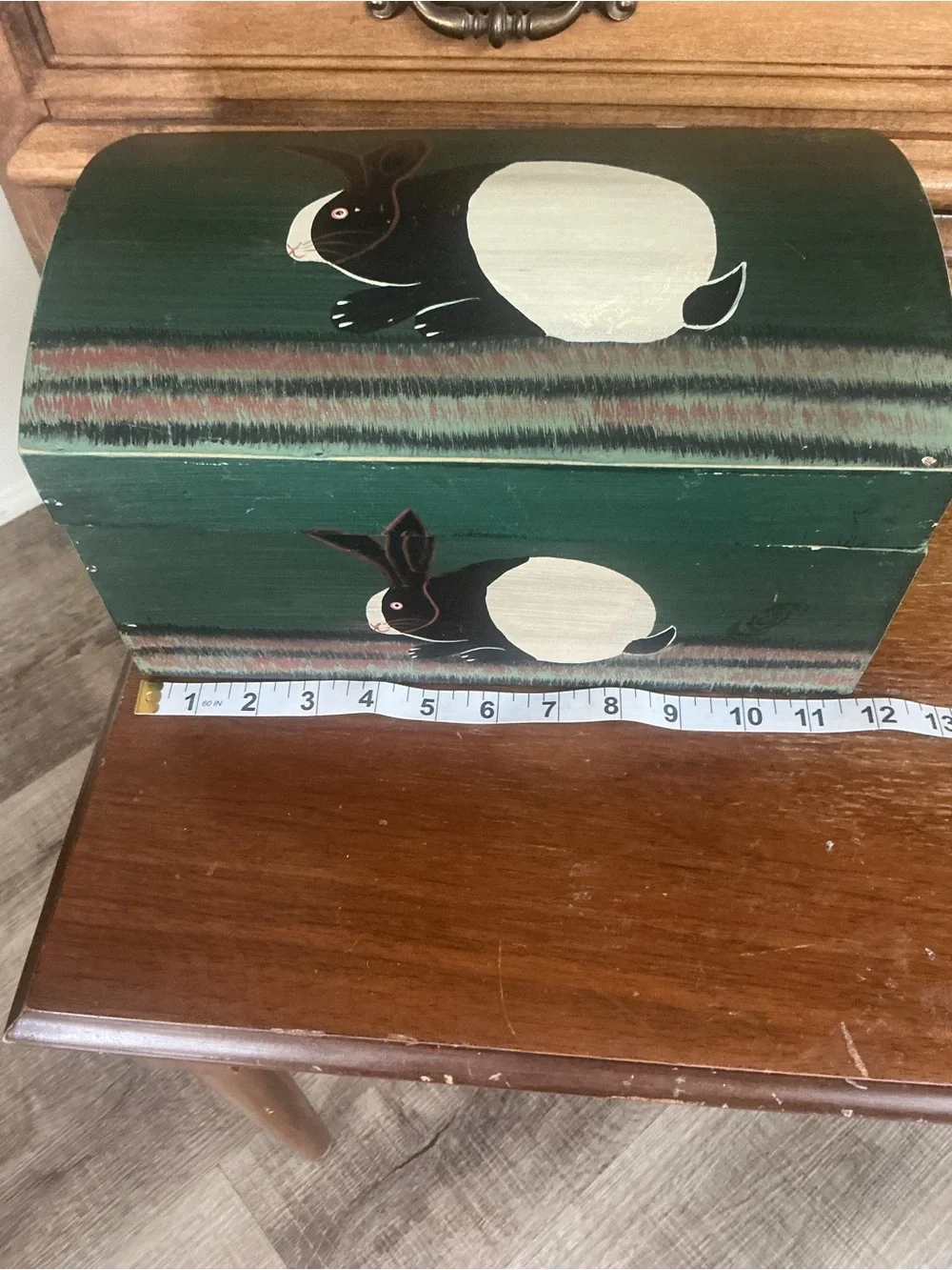 Vintage Warren Kimble Wooden Box Folk Art Green Trunk Bunny Rabbit Keepsake 12